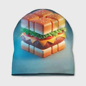 Шапка 3D с принтом Абстрактный гамбургер в форме куба в Новосибирске, 100% полиэстер | универсальный размер, печать по всей поверхности изделия | 