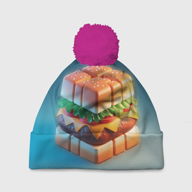 Шапка 3D c помпоном с принтом Абстрактный гамбургер в форме куба в Новосибирске, 100% полиэстер | универсальный размер, печать по всей поверхности изделия | 