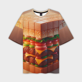 Мужская футболка oversize 3D с принтом Гамбургер в кубе в Курске,  |  | Тематика изображения на принте: 