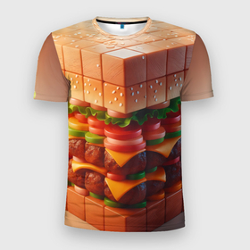 Мужская футболка 3D Slim с принтом Гамбургер в кубе в Тюмени, 100% полиэстер с улучшенными характеристиками | приталенный силуэт, круглая горловина, широкие плечи, сужается к линии бедра | Тематика изображения на принте: 