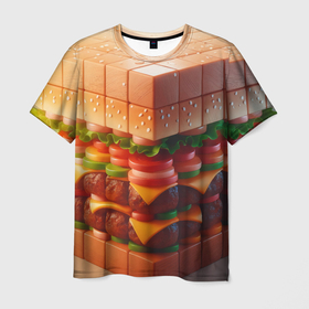 Мужская футболка 3D с принтом Гамбургер в кубе в Кировске, 100% полиэфир | прямой крой, круглый вырез горловины, длина до линии бедер | 