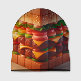 Шапка 3D с принтом Гамбургер в кубе в Курске, 100% полиэстер | универсальный размер, печать по всей поверхности изделия | 