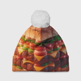 Шапка 3D c помпоном с принтом Гамбургер в кубе в Курске, 100% полиэстер | универсальный размер, печать по всей поверхности изделия | 