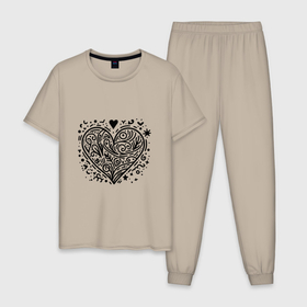 Мужская пижама хлопок с принтом Декоративная татуировка в форме сердца , 100% хлопок | брюки и футболка прямого кроя, без карманов, на брюках мягкая резинка на поясе и по низу штанин
 | 