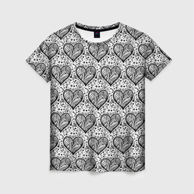 Женская футболка 3D с принтом Сердце в черно белых узорах в Петрозаводске, 100% полиэфир ( синтетическое хлопкоподобное полотно) | прямой крой, круглый вырез горловины, длина до линии бедер | 