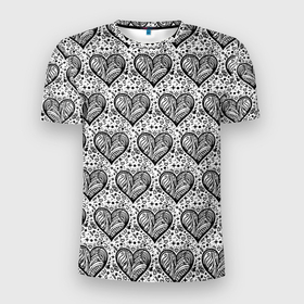 Мужская футболка 3D Slim с принтом Сердце в черно белых узорах в Новосибирске, 100% полиэстер с улучшенными характеристиками | приталенный силуэт, круглая горловина, широкие плечи, сужается к линии бедра | 