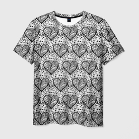Мужская футболка 3D с принтом Сердце в черно белых узорах в Белгороде, 100% полиэфир | прямой крой, круглый вырез горловины, длина до линии бедер | 