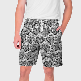 Мужские шорты 3D с принтом Сердце в черно белых узорах в Тюмени,  полиэстер 100% | прямой крой, два кармана без застежек по бокам. Мягкая трикотажная резинка на поясе, внутри которой широкие завязки. Длина чуть выше колен | 