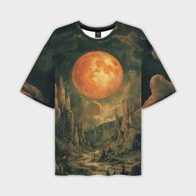 Мужская футболка oversize 3D с принтом Большая луна на горами в Кировске,  |  | 