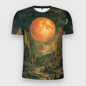Мужская футболка 3D Slim с принтом Большая луна на горами в Петрозаводске, 100% полиэстер с улучшенными характеристиками | приталенный силуэт, круглая горловина, широкие плечи, сужается к линии бедра | 