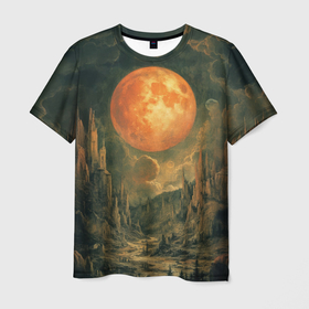 Мужская футболка 3D с принтом Большая луна на горами в Петрозаводске, 100% полиэфир | прямой крой, круглый вырез горловины, длина до линии бедер | 
