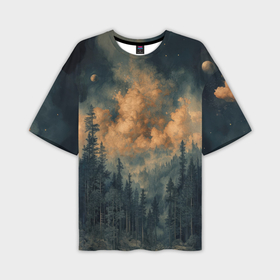Мужская футболка oversize 3D с принтом Сказочные облака над лесом ,  |  | 