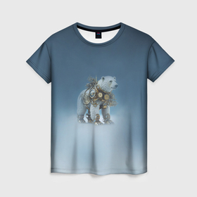 Женская футболка 3D с принтом Белый северный медведь в стиле стимпанк в Тюмени, 100% полиэфир ( синтетическое хлопкоподобное полотно) | прямой крой, круглый вырез горловины, длина до линии бедер | 