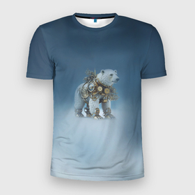 Мужская футболка 3D Slim с принтом Белый северный медведь в стиле стимпанк в Курске, 100% полиэстер с улучшенными характеристиками | приталенный силуэт, круглая горловина, широкие плечи, сужается к линии бедра | 