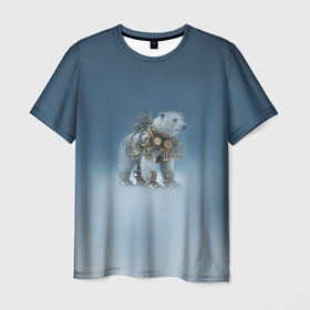 Мужская футболка 3D с принтом Белый северный медведь в стиле стимпанк в Санкт-Петербурге, 100% полиэфир | прямой крой, круглый вырез горловины, длина до линии бедер | 
