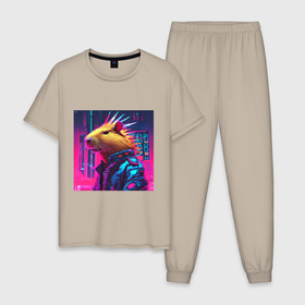 Мужская пижама хлопок с принтом Рок панк капибара дракон с ирокезом в Санкт-Петербурге, 100% хлопок | брюки и футболка прямого кроя, без карманов, на брюках мягкая резинка на поясе и по низу штанин
 | 