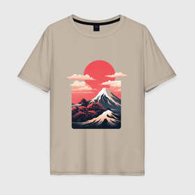 Мужская футболка хлопок Oversize с принтом Горный пейзаж с солнцем в Курске, 100% хлопок | свободный крой, круглый ворот, “спинка” длиннее передней части | 