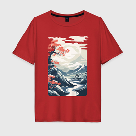 Мужская футболка хлопок Oversize с принтом Горный пейзаж в японском стиле в Белгороде, 100% хлопок | свободный крой, круглый ворот, “спинка” длиннее передней части | 