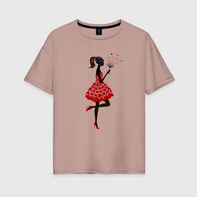 Женская футболка хлопок Oversize с принтом Силуэт девушки в платье из сердец , 100% хлопок | свободный крой, круглый ворот, спущенный рукав, длина до линии бедер
 | 