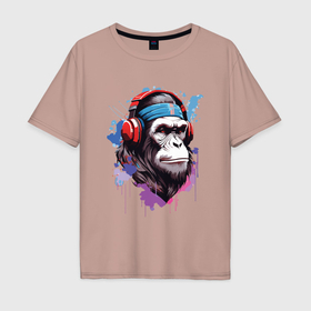 Мужская футболка хлопок Oversize с принтом Шимпанзе в наушниках в Курске, 100% хлопок | свободный крой, круглый ворот, “спинка” длиннее передней части | Тематика изображения на принте: 