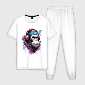 Мужская пижама хлопок с принтом Шимпанзе в наушниках в Курске, 100% хлопок | брюки и футболка прямого кроя, без карманов, на брюках мягкая резинка на поясе и по низу штанин
 | Тематика изображения на принте: 