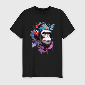 Мужская футболка хлопок Slim с принтом Шимпанзе в наушниках в Курске, 92% хлопок, 8% лайкра | приталенный силуэт, круглый вырез ворота, длина до линии бедра, короткий рукав | Тематика изображения на принте: 