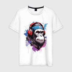 Мужская футболка хлопок с принтом Шимпанзе в наушниках в Белгороде, 100% хлопок | прямой крой, круглый вырез горловины, длина до линии бедер, слегка спущенное плечо. | 