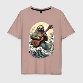 Мужская футболка хлопок Oversize с принтом Ленивец гитарист в Новосибирске, 100% хлопок | свободный крой, круглый ворот, “спинка” длиннее передней части | 