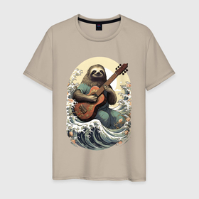 Мужская футболка хлопок с принтом Ленивец гитарист в Новосибирске, 100% хлопок | прямой крой, круглый вырез горловины, длина до линии бедер, слегка спущенное плечо. | 