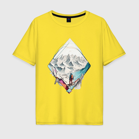 Мужская футболка хлопок Oversize с принтом Сноубордист в горах в Кировске, 100% хлопок | свободный крой, круглый ворот, “спинка” длиннее передней части | Тематика изображения на принте: 