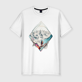 Мужская футболка хлопок Slim с принтом Сноубордист в горах в Кировске, 92% хлопок, 8% лайкра | приталенный силуэт, круглый вырез ворота, длина до линии бедра, короткий рукав | Тематика изображения на принте: 