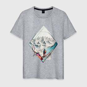 Мужская футболка хлопок с принтом Сноубордист в горах в Курске, 100% хлопок | прямой крой, круглый вырез горловины, длина до линии бедер, слегка спущенное плечо. | 