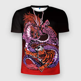 Мужская футболка 3D Slim с принтом Дракон и тигр в год дракона в Санкт-Петербурге, 100% полиэстер с улучшенными характеристиками | приталенный силуэт, круглая горловина, широкие плечи, сужается к линии бедра | 
