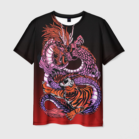 Мужская футболка 3D с принтом Дракон и тигр в год дракона , 100% полиэфир | прямой крой, круглый вырез горловины, длина до линии бедер | 