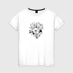 Женская футболка хлопок с принтом Букет цветов графика в Кировске, 100% хлопок | прямой крой, круглый вырез горловины, длина до линии бедер, слегка спущенное плечо | 