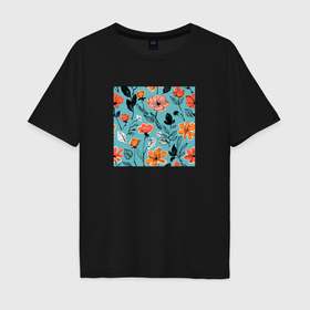 Мужская футболка хлопок Oversize с принтом Абстрактный цветочный паттерн в Екатеринбурге, 100% хлопок | свободный крой, круглый ворот, “спинка” длиннее передней части | Тематика изображения на принте: 