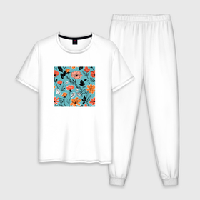 Мужская пижама хлопок с принтом Абстрактный цветочный паттерн в Екатеринбурге, 100% хлопок | брюки и футболка прямого кроя, без карманов, на брюках мягкая резинка на поясе и по низу штанин
 | 