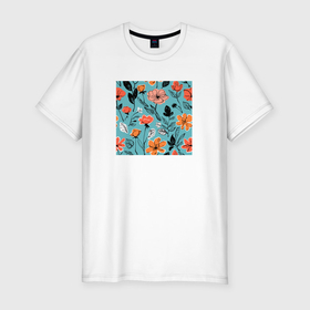 Мужская футболка хлопок Slim с принтом Абстрактный цветочный паттерн в Екатеринбурге, 92% хлопок, 8% лайкра | приталенный силуэт, круглый вырез ворота, длина до линии бедра, короткий рукав | Тематика изображения на принте: 