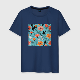 Мужская футболка хлопок с принтом Абстрактный цветочный паттерн в Екатеринбурге, 100% хлопок | прямой крой, круглый вырез горловины, длина до линии бедер, слегка спущенное плечо. | Тематика изображения на принте: 
