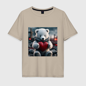 Мужская футболка хлопок Oversize с принтом Белый северный мишка игрушечный и красное сердце в Петрозаводске, 100% хлопок | свободный крой, круглый ворот, “спинка” длиннее передней части | Тематика изображения на принте: 