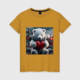 Женская футболка хлопок с принтом Белый северный мишка игрушечный и красное сердце в Екатеринбурге, 100% хлопок | прямой крой, круглый вырез горловины, длина до линии бедер, слегка спущенное плечо | 