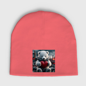 Мужская шапка демисезонная с принтом Белый северный мишка игрушечный и красное сердце в Курске,  |  | Тематика изображения на принте: 