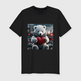 Мужская футболка хлопок Slim с принтом Белый северный мишка игрушечный и красное сердце , 92% хлопок, 8% лайкра | приталенный силуэт, круглый вырез ворота, длина до линии бедра, короткий рукав | 
