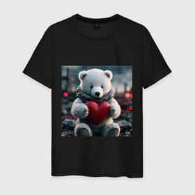 Мужская футболка хлопок с принтом Белый северный мишка игрушечный и красное сердце в Санкт-Петербурге, 100% хлопок | прямой крой, круглый вырез горловины, длина до линии бедер, слегка спущенное плечо. | 