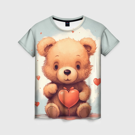 Женская футболка 3D с принтом Медвежонок с сердечком 14 февраля в Санкт-Петербурге, 100% полиэфир ( синтетическое хлопкоподобное полотно) | прямой крой, круглый вырез горловины, длина до линии бедер | 