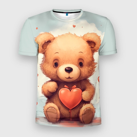 Мужская футболка 3D Slim с принтом Медвежонок с сердечком 14 февраля в Белгороде, 100% полиэстер с улучшенными характеристиками | приталенный силуэт, круглая горловина, широкие плечи, сужается к линии бедра | 