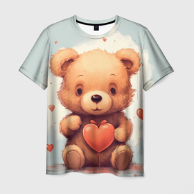 Мужская футболка 3D с принтом Медвежонок с сердечком 14 февраля в Тюмени, 100% полиэфир | прямой крой, круглый вырез горловины, длина до линии бедер | 