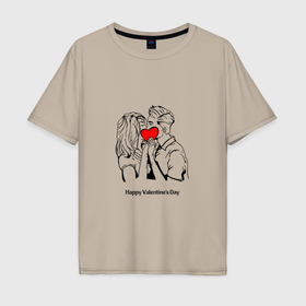 Мужская футболка хлопок Oversize с принтом Сердце друг другу happy valentines day в Петрозаводске, 100% хлопок | свободный крой, круглый ворот, “спинка” длиннее передней части | Тематика изображения на принте: 