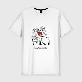 Мужская футболка хлопок Slim с принтом Сердце друг другу happy valentines day в Петрозаводске, 92% хлопок, 8% лайкра | приталенный силуэт, круглый вырез ворота, длина до линии бедра, короткий рукав | Тематика изображения на принте: 