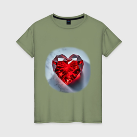 Женская футболка хлопок с принтом Красное хрустальное сердце на белом фоне в Кировске, 100% хлопок | прямой крой, круглый вырез горловины, длина до линии бедер, слегка спущенное плечо | 